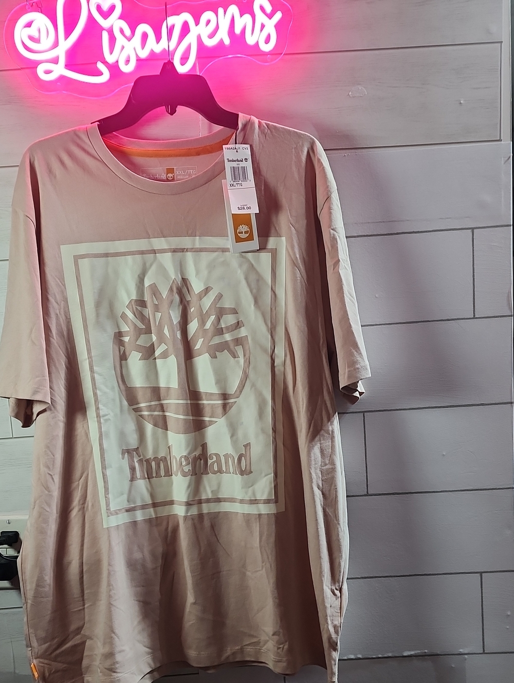 NWT Mens Timberland Logo Graphic Tee in Light Beige/light Pale Pink